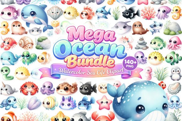 140 Cute Ocean Animals Clipart: Elevating Digital Creativity with Kawaii Sea Creatures