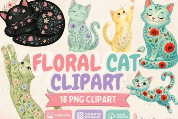 Floral Cat Clipart PNG, 18 Cute Flower Designs for Cottagecore Creations