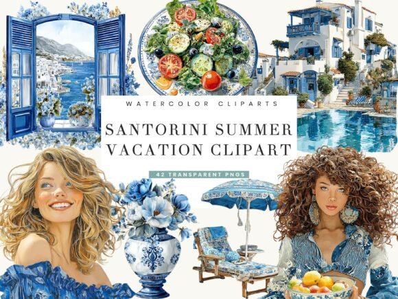 Santorini Summer Vacation Clipart: Elevating Digital Design with Mediterranean Charm