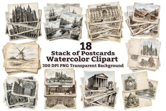 Vintage Travel Postcard Stack Clipart: Bringing Old-World Charm to Modern Digital Crafts