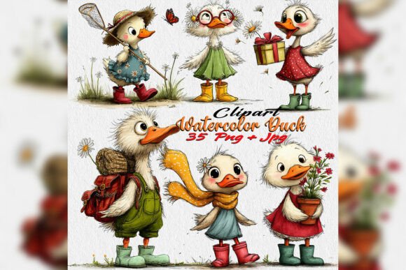 Watercolor Duck Clipart for Spring Tea Themes