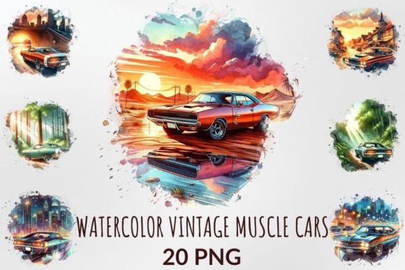 Watercolor Vintage Muscle Cars Clipart: A Creative Resource for Modern Projects
