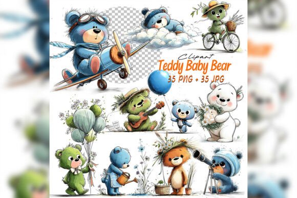 Whimsical Green Blue Teddy Bear Clipart