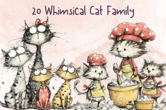 Whimsical Quirky Cat Family Clipart Set